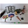 Asian Decorative Lot- Fans, Tabletop Divider, Artificial Tree, MIsc.