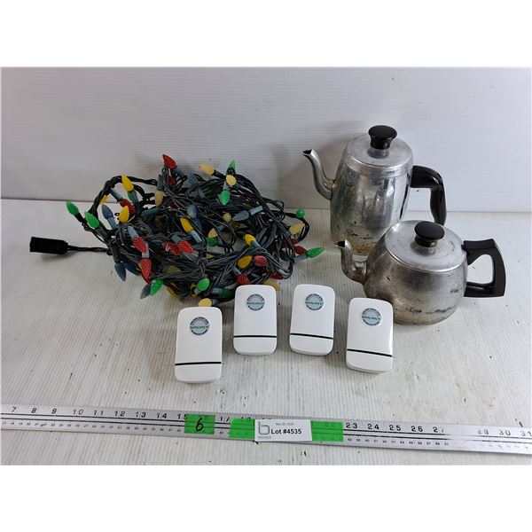 Christmas Tree Lights - Powers On, As Is, Metal Tea Pots, Electricity Saving Boxes - As Is
