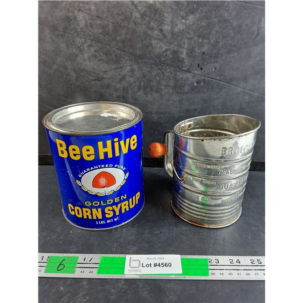 Flour Strainer, Empty BeeHive Corn Syrup Tin