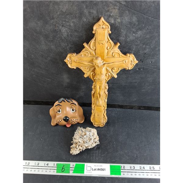 Chalkware Wall Cross, Eye Glass Holder, Sea Shell