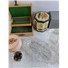 Image 3 : Jewelry Box, Various Glass Dishes, Markman Cup, Ceramic Pot with Lid, Misc