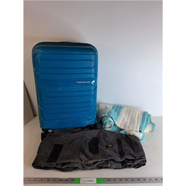 Saxoline Suitcase, John Deere Pants, Knit Blanket- Broken Handle, Zipper 