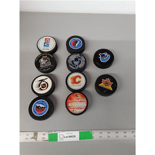 (10) Collector Hockey Pucks- Calgary Flames, Toronto Maple Leafs, Hockey Hall of Fame, Misc.