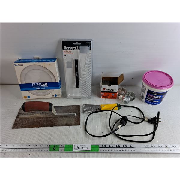 SlimLED 4000K Light, 16 Gauge Finish Nails, DryDex Spackling, Pry Bar, Drywall Tools, Power Cord