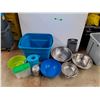 Image 1 : *Plastic Storage Tote 23" x 18" x 16", Plastic & Metal Bowls, Strainer, Cutting Boards, Tea Pot