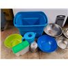 Image 2 : *Plastic Storage Tote 23" x 18" x 16", Plastic & Metal Bowls, Strainer, Cutting Boards, Tea Pot