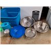 Image 3 : *Plastic Storage Tote 23" x 18" x 16", Plastic & Metal Bowls, Strainer, Cutting Boards, Tea Pot