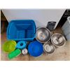 Image 4 : *Plastic Storage Tote 23" x 18" x 16", Plastic & Metal Bowls, Strainer, Cutting Boards, Tea Pot