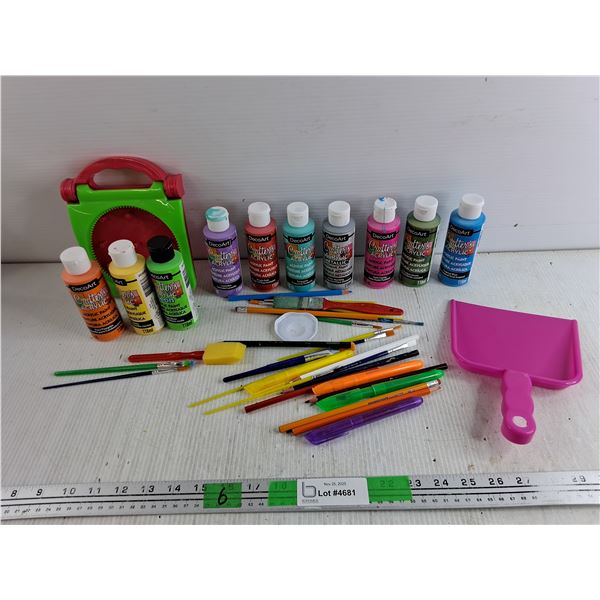 Various Acrylic Paint, Coloring Pencils, Paint Brushes, Small Dust Pan