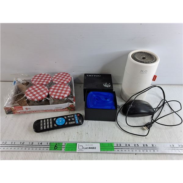 Tattoo Clip Cord Covers, Jam Jars, H2O Humidifier, Logitech USB Mouse, TV Remote - As Is