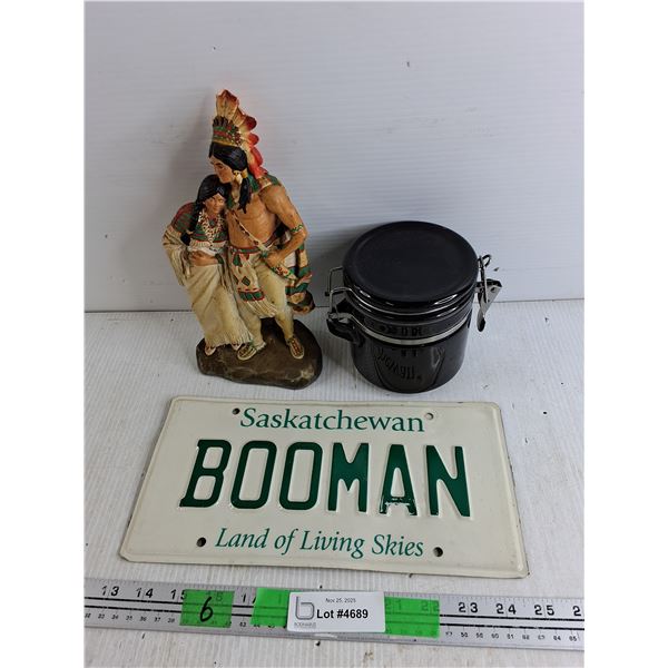 Indigenous Couple Decoration, Saskatchewan Vanity Licence Plate, Ceramic Sugar Canister