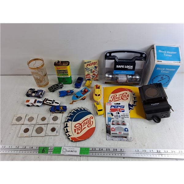 Various Coins, Block Heater Timer, Pepsi Magnets, Pepsi Light Switch Cover, Door Safe Lock Knob