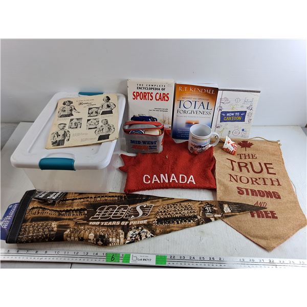 Canada Hat, True North Banner, Roughriders Pennant, Plastic Storage Tote, Ceramic Mug, Books