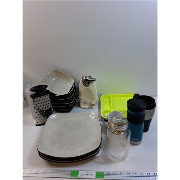 Various Kitchen Items, Bowls (5), Plates (3) , Can Opener -Powers On - As Is