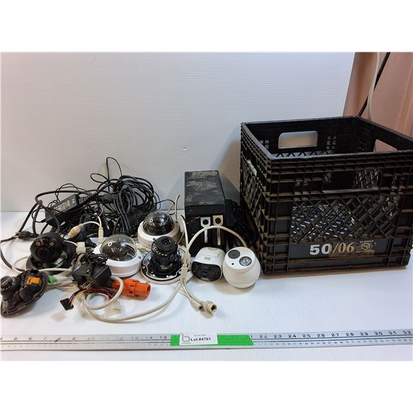 Crate With Various Security Cameras & Equipment- As Is, Recorder Powers On