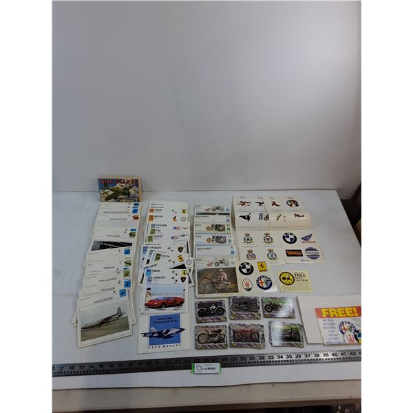 Card Encyclopedia Set (Military Planes, Sports Cars, Motorcycles), Collector Cards, Logo Stickers