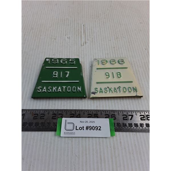 (2) Vintage Metal Saskatoon Bicycle License Plates from 1965 & 66