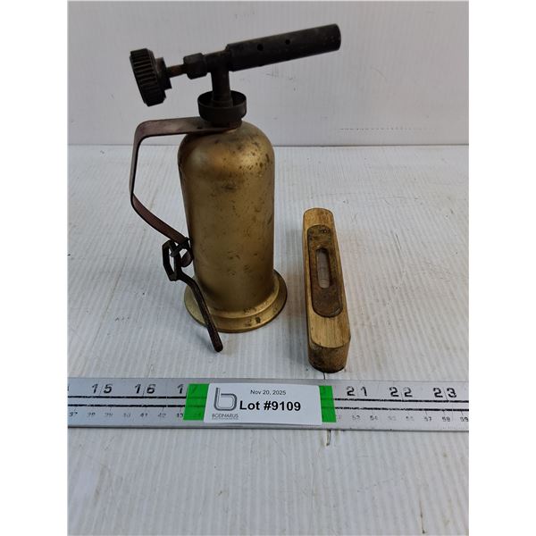 Vintage Brass Blowtorch and Wood Level