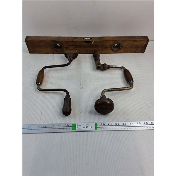 (2) Vintage Hand Brace Drills and 24"  Wooden Level