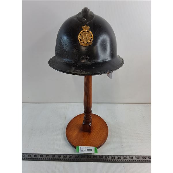 World War II Belgium Helmet with German Occupation Badge, Wooden Stand