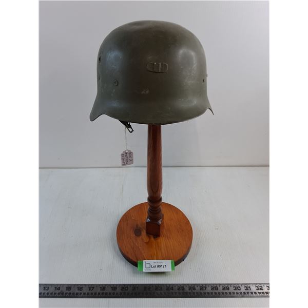 #German World War II Army Helmet, Wooden Stand