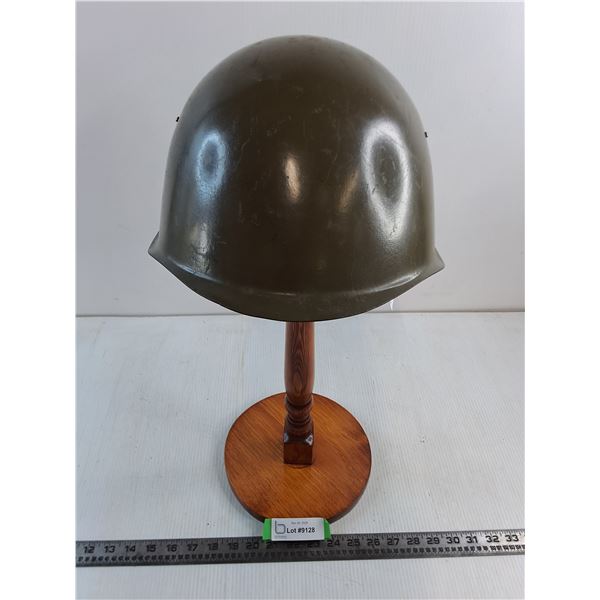 Russian World War II Army Helmet, Wooden Stand