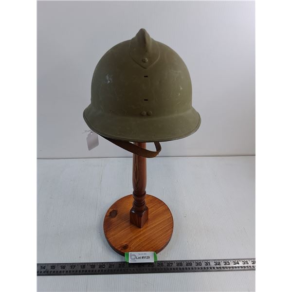 French World War II Army Helmet, Wooden Stand