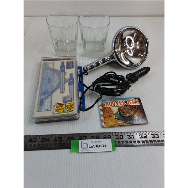 NIB Buffalo 9-Piece Mathematical Set, Vintage Car Flashlight, Hoover Dam Booklet, Scotiabank Glasses