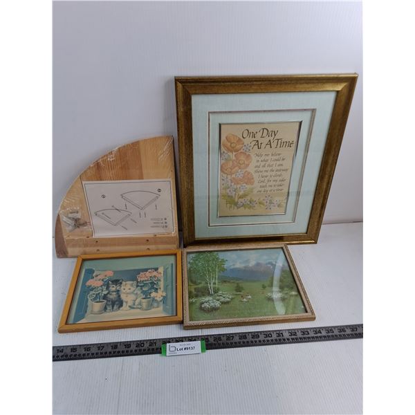 (3) Wood-Framed Pictures - Largest 14x17", NIB Wooden Corner Shelf