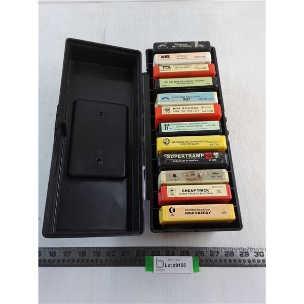 (12) Vintage 8-Track Cassette Tapes w/Storage Box Kiss, Cheap Trick, Stampeders)