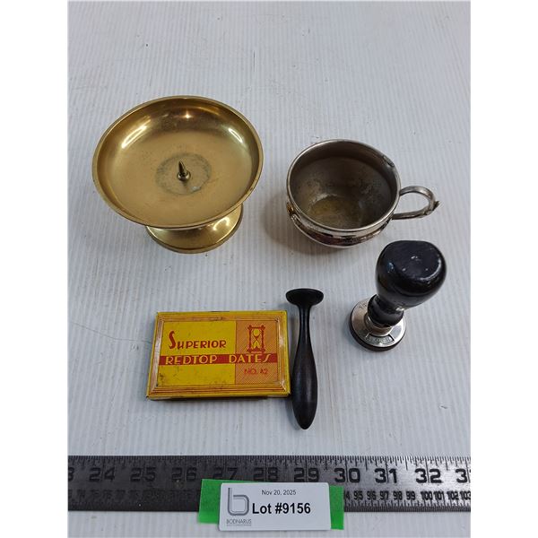 Brass Candle Holder, Silver-Plated Shaving Cup, Vintage Stamps & Lettering