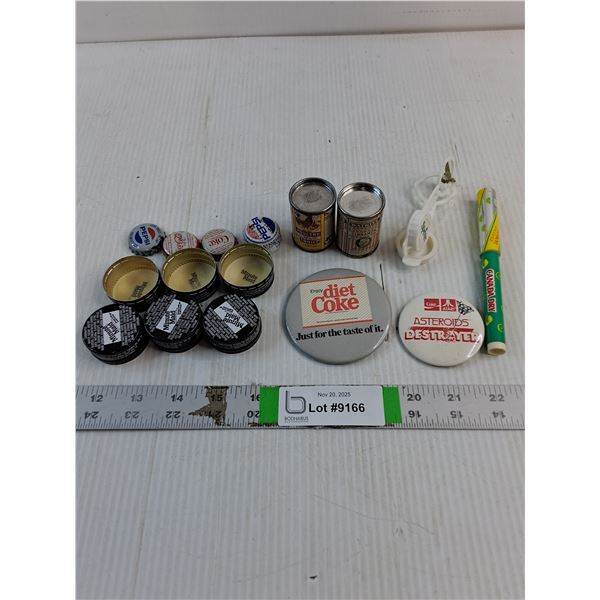 Lot of Vintage Bottle Caps,(2) Badges,(2) Fridge Magnets,(2) Sprite Cap Snap Seal,Canada Dry Pen