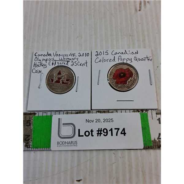 (2) Canadian Quarters-2010 Olympic Womens Hockey and 2015 Colored Poppy