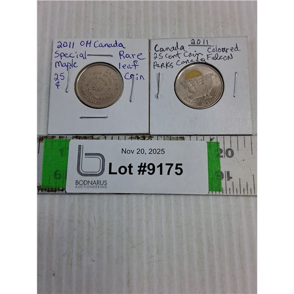 (2) 2011 Canadian Quarters-Special Maple Leaf-Rare and Parks Canada Colored Falcon