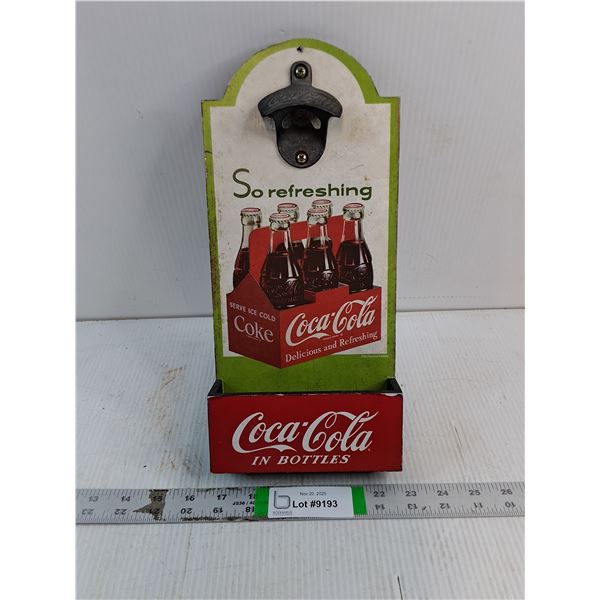Coca Cola Coke Glass Bottle Opener Hanging Wood Wall Mount Cap Receptacle