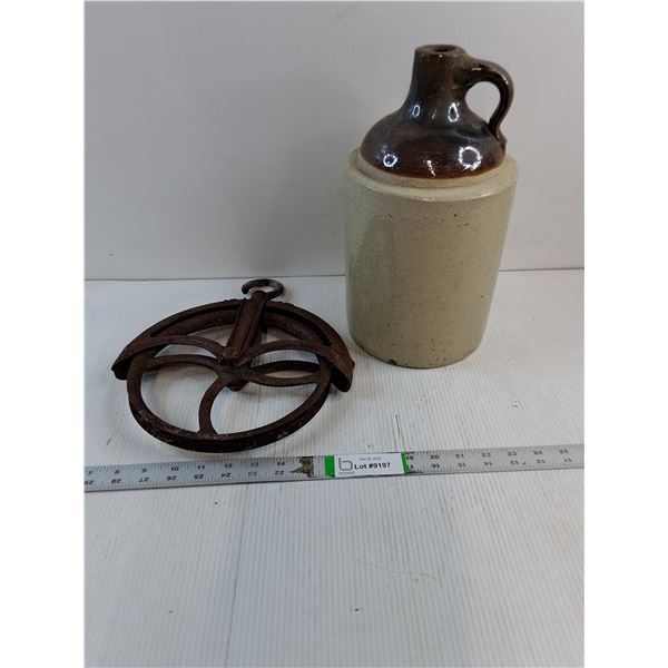 Vintage Cast Iron Well Pulley and Stoneware Jug