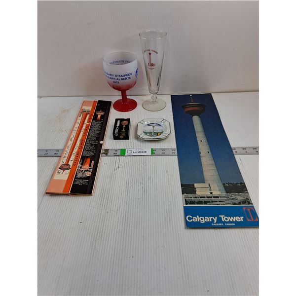 (7) Vintage Calgary Tower/Stampede Items-(2) Books of Matches,Beer Glass,Postcard,Beer Glass,Ashtray