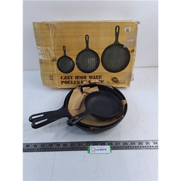Set of 3 Cast Iron Skillets - NOS - 10", 9", 6" Diameters