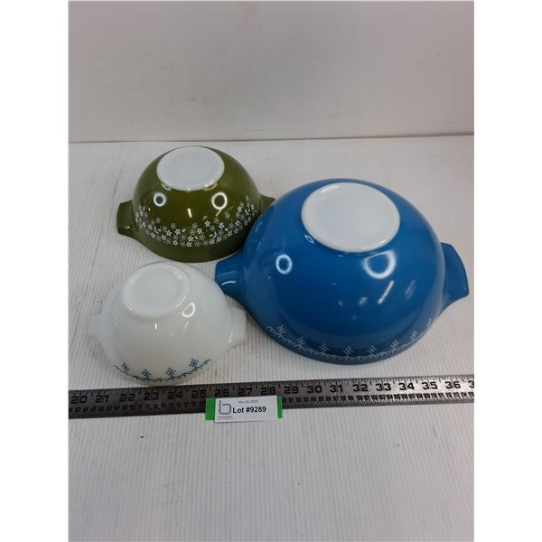 (3) Pyrex Mixing Bowls (2-Snowflake Garland 10.5" & 6" Dias, Spring Blossom 7.5" Dia)