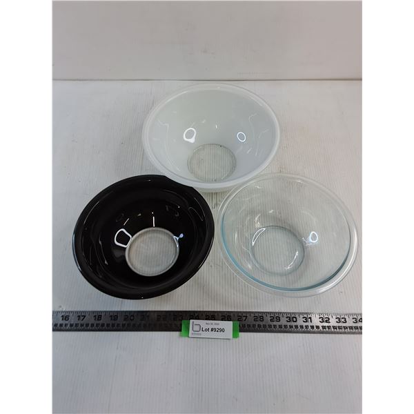 (3) Pyrex Mixing Bowls - 9.5", 8", 8" Diameters
