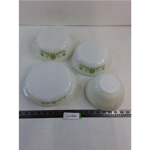 (3) Glasbake "Green Daisy" Casserole Dishes - 9", 8.5", 8" Dias, Fire-King 7" Dia Mixing Bowl
