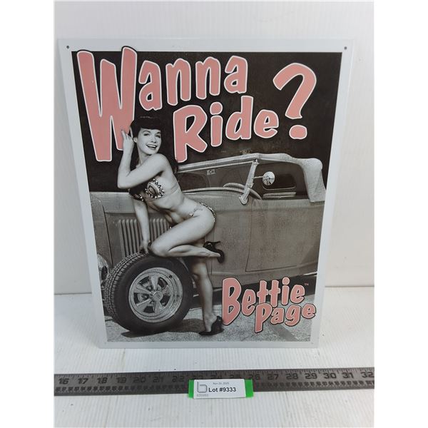 "Wanna Ride? Bettie Page" Metal Wall Poster - 16" x 12.5"