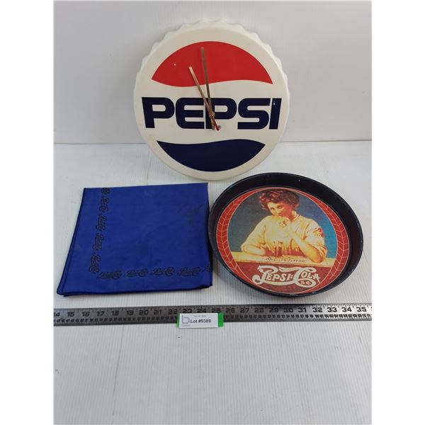 Vintage Pepsi Lot (Battery Wall Clock - 12.5" Dia, Metal Tray 12" Dia, 21" x 21" Linen)