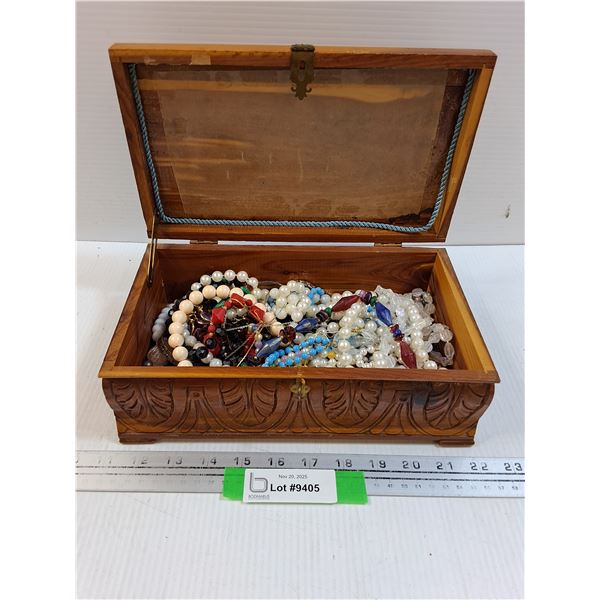 Carved Wooden Jewelry Box Chest w/Contents - 11" x 6" x 5"