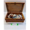 Image 1 : Carved Wooden Jewelry Box Chest w/Contents - 11" x 6" x 5"