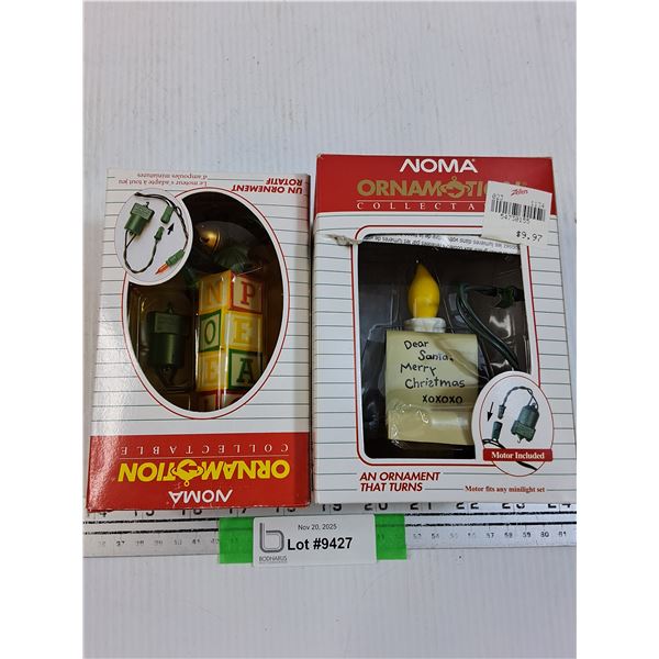 (2) Ornamotion - Christmas Tree Ornaments: Motorized Noel & Dear Santa - working