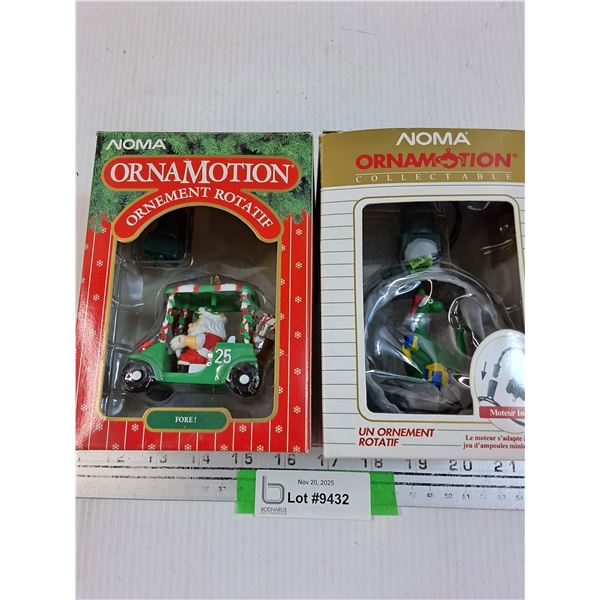 (2)  Ornamotion -Christmas Tree Ornaments: Motion Dinosaur, Santa Golf Cart - working
