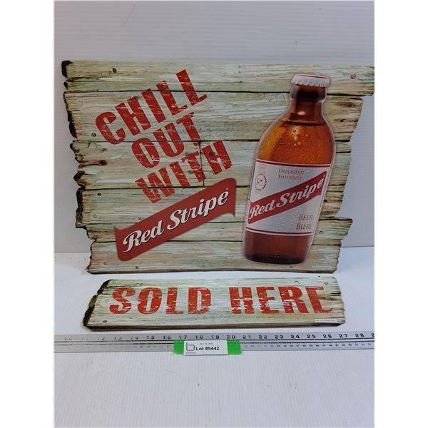 (2) Cardboard Double Sided Advertisments of Red Stripe Beer: 19" x 15" & 18" x 5"