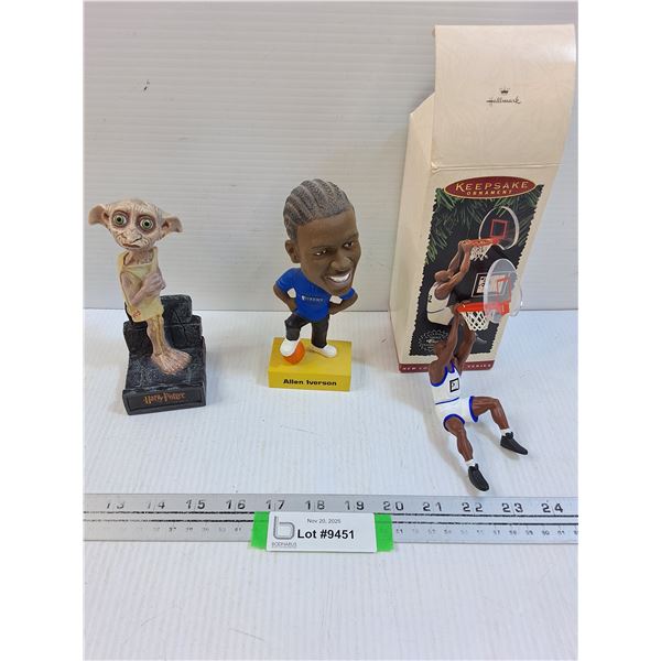 (3) Figurines: (2) Bobble Heads: Dobby, Allen Iverson. Shaquille O'Neal Ornament (No Trading Card In