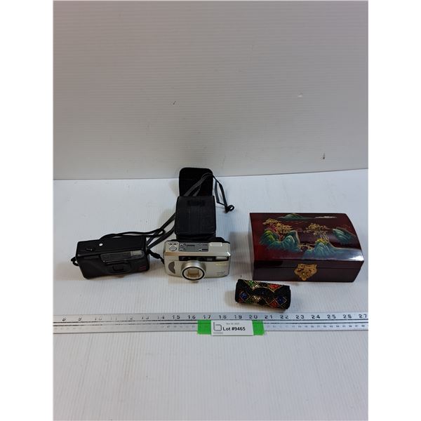 Beaded Lipstick Holder, Jewelry Box, (2) Retro 35mm Cameras w/Cases